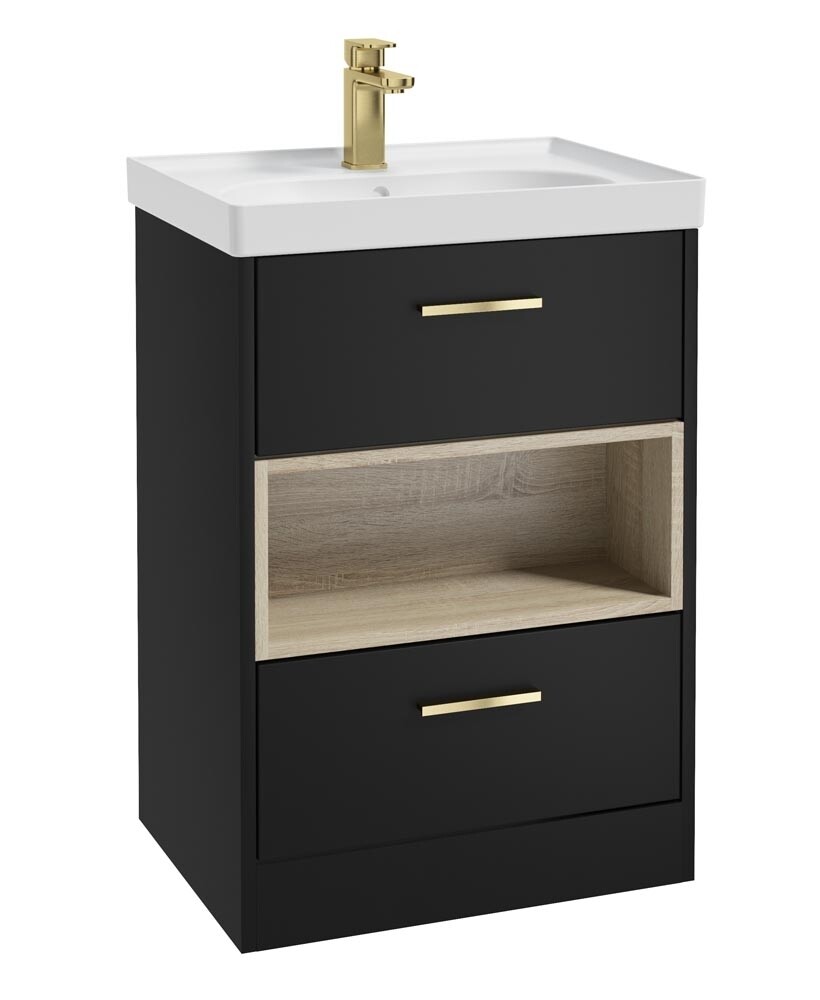 SONAS MALMO 60cm Two Drawer Matt Black Floor Standing Vanity Unit Matt Basin- Brushed Gold Handle