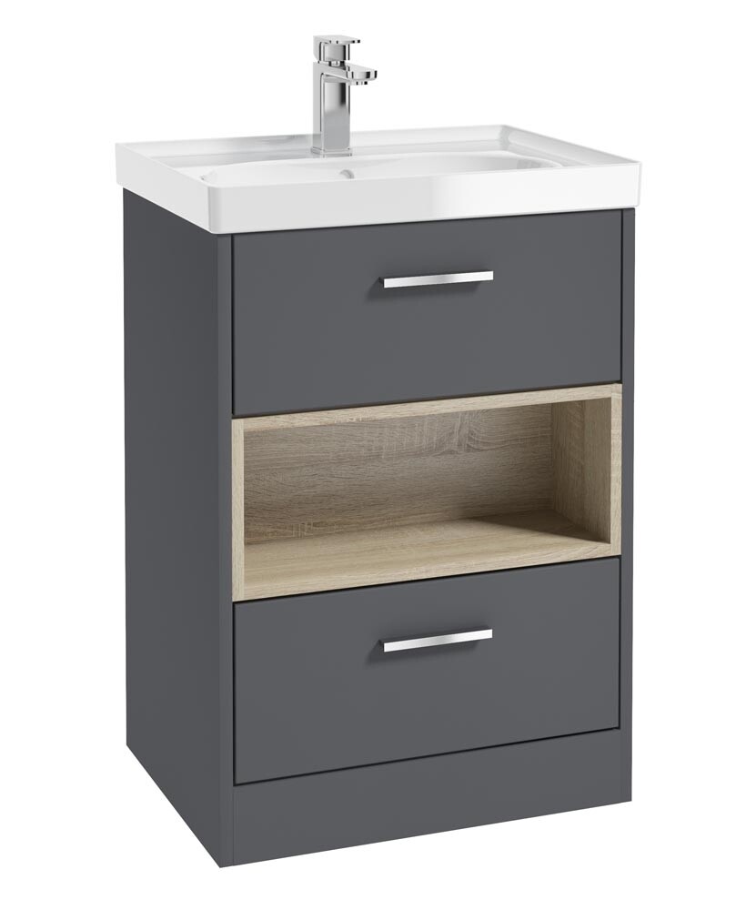 SONAS MALMO 60cm Two Drawer Matt Midnight Grey Floor Standing Vanity Unit Gloss Basin- Brushed Chrome Handle