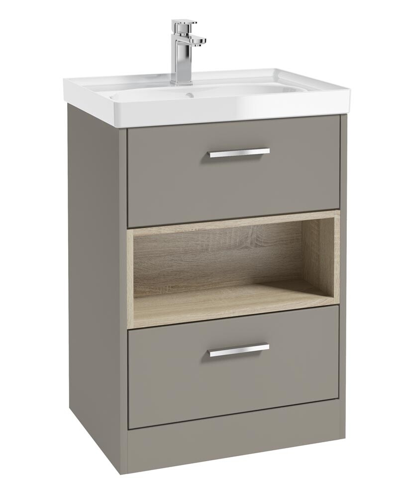 SONAS MALMO 60cm Two Drawer Matt Khaki Floor Standing Vanity Unit Gloss Basin- Brushed Chrome Handle