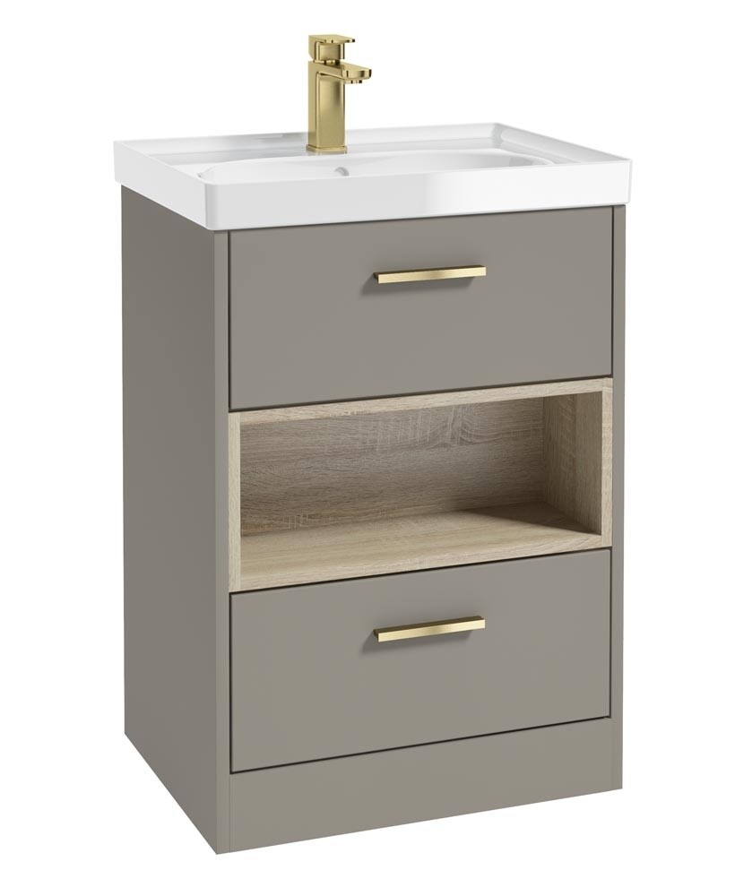 SONAS MALMO 60cm Two Drawer Matt Khaki Floor Standing Vanity Unit Gloss Basin- Brushed Gold Handle