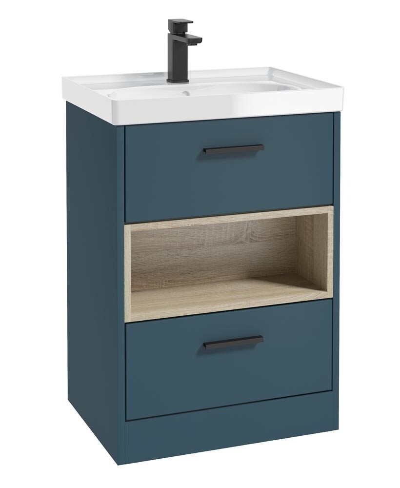 SONAS MALMO 60cm Two Drawer Matt Ocean Blue Floor Standing Vanity Unit Gloss Basin- Matt Black Handle