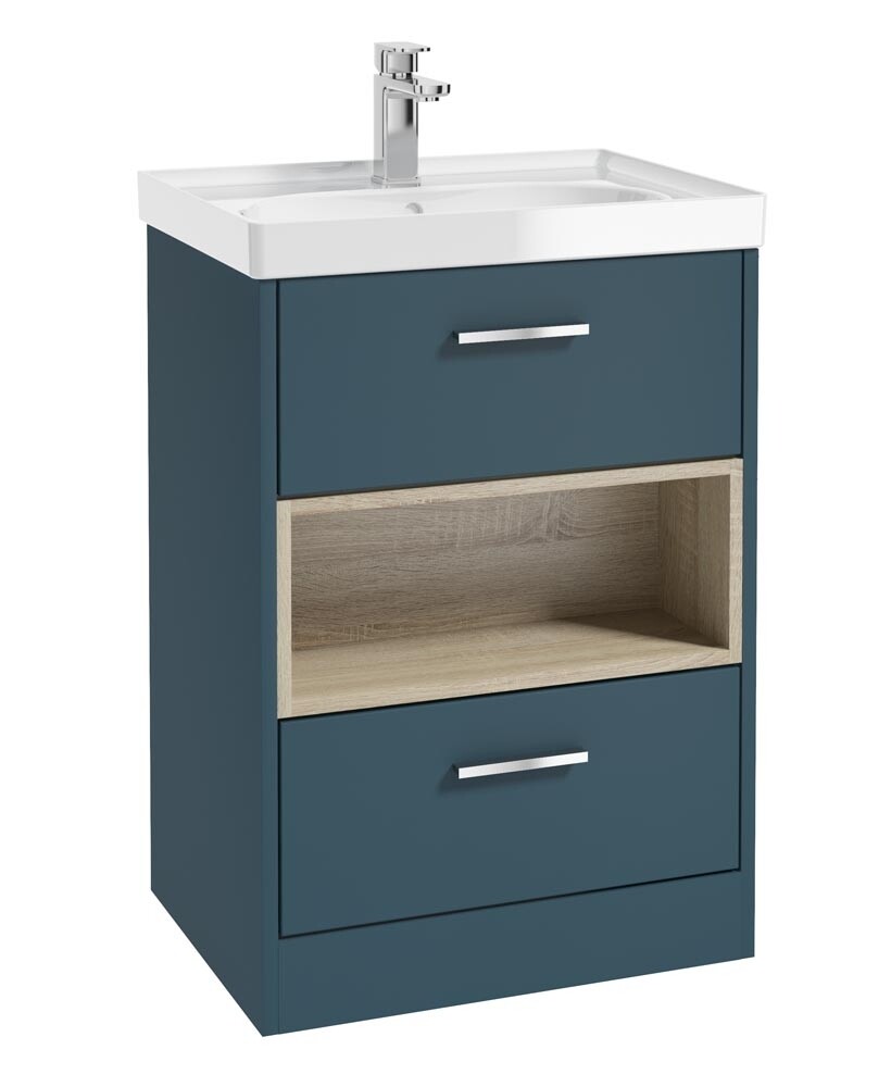 SONAS MALMO 60cm Two Drawer Matt Ocean Blue Floor Standing Vanity Unit Gloss Basin- Brushed Chrome Handle