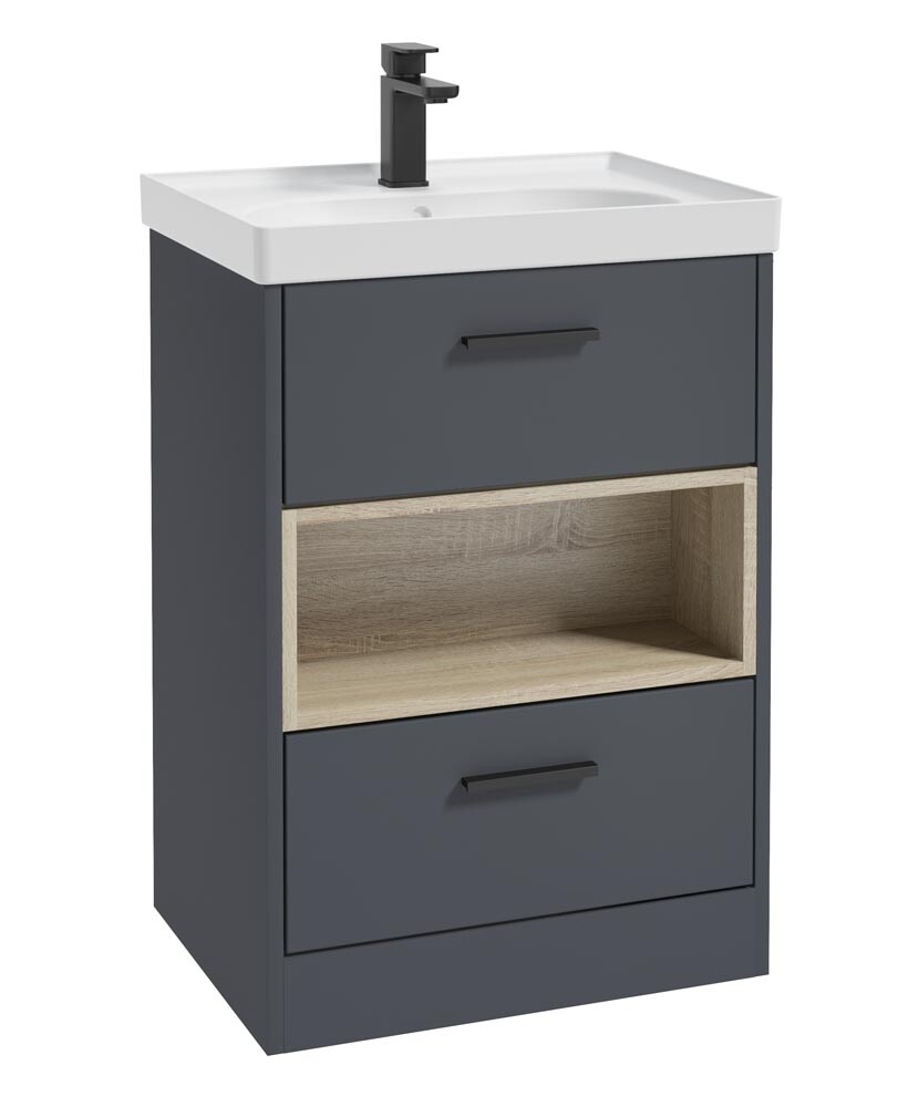 SONAS MALMO 60cm Two Drawer Matt Night Sky Blue Floor Standing Vanity Unit Matt Basin- Matt Black Handle