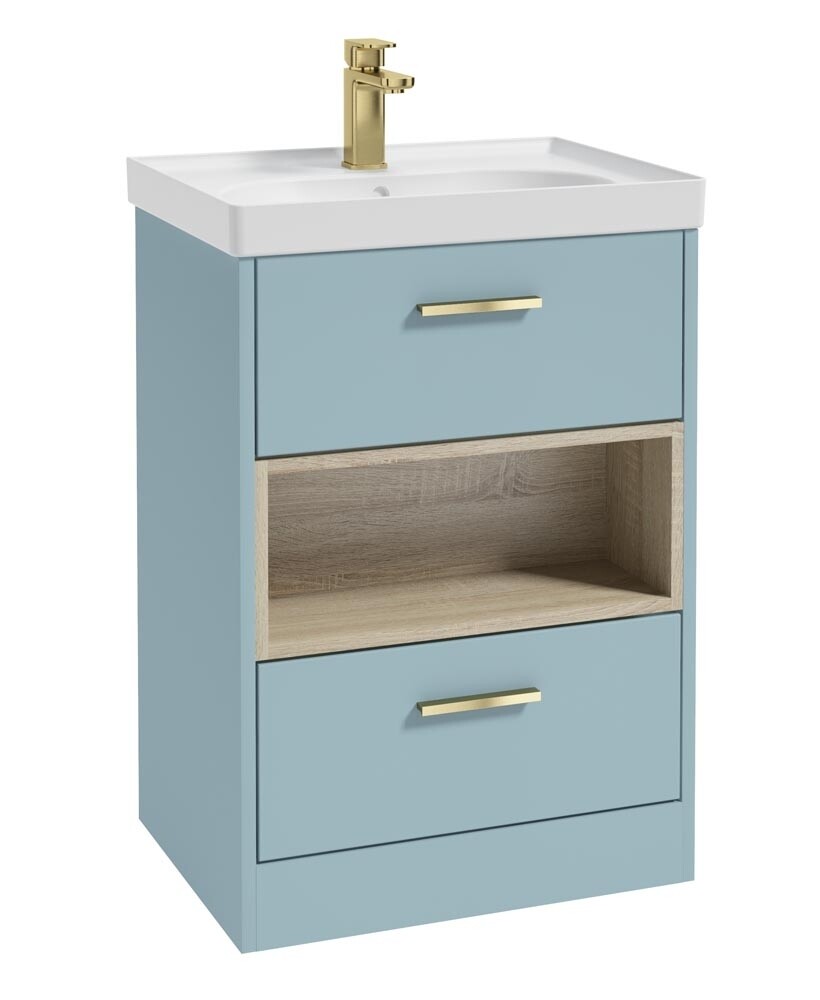 SONAS MALMO 60cm Two Drawer Matt Morning Sky Blue Floor Standing Vanity Unit Matt Basin- Brushed Gold Handle