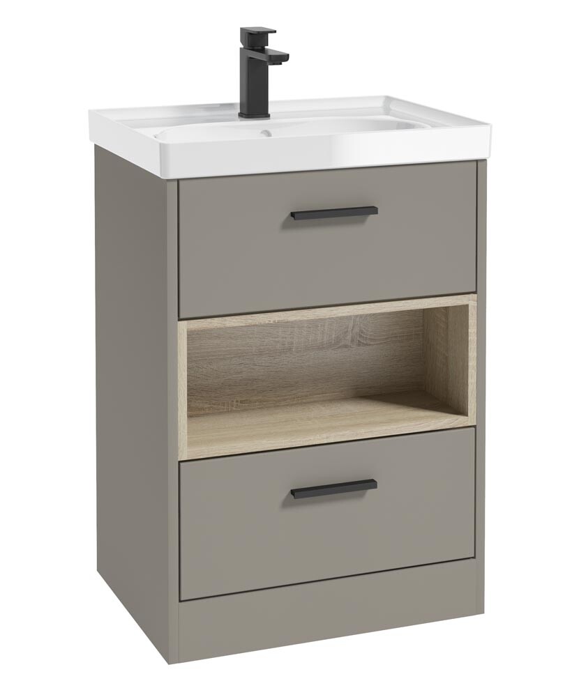 SONAS MALMO 60cm Two Drawer Matt Khaki Floor Standing Vanity Unit Gloss Basin- Matt Black Handle SONAS MALMO 60cm Two Drawer Matt Khaki Floor Standing Vanity Unit Gloss Basin- Matt Black Handle