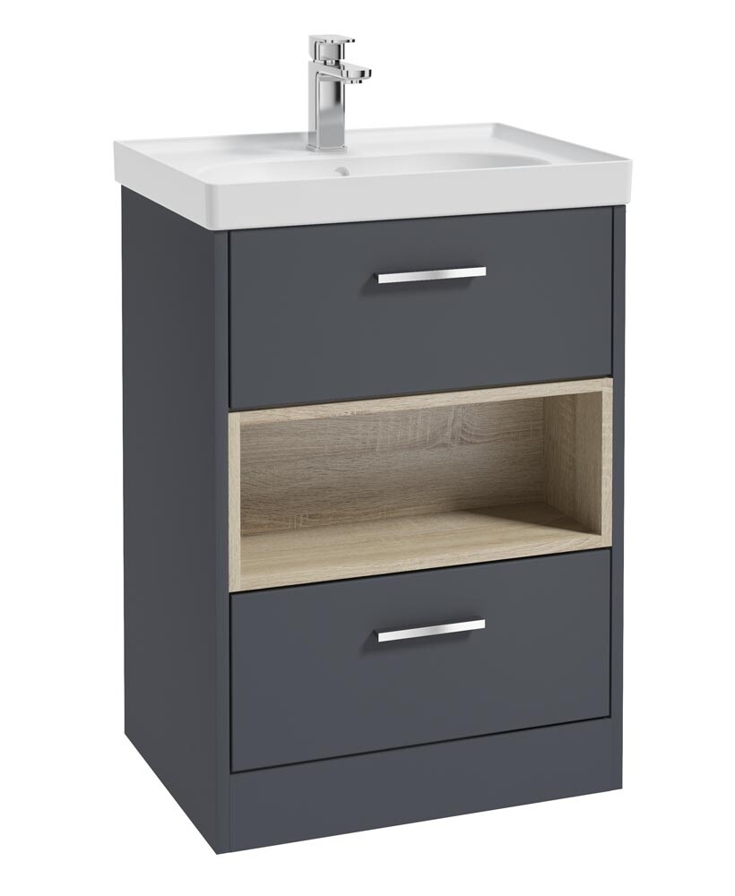SONAS MALMO 60cm Two Drawer Matt Night Sky Blue Floor Standing Vanity Unit Matt Basin- Brushed Chrome Handle