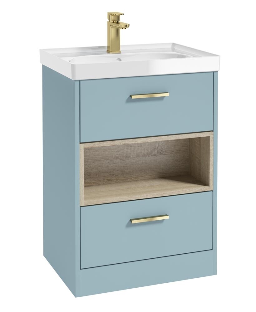 SONAS MALMO 60cm Two Drawer Matt Morning Sky Blue Floor Standing Vanity Unit Gloss Basin- Brushed Gold Handle