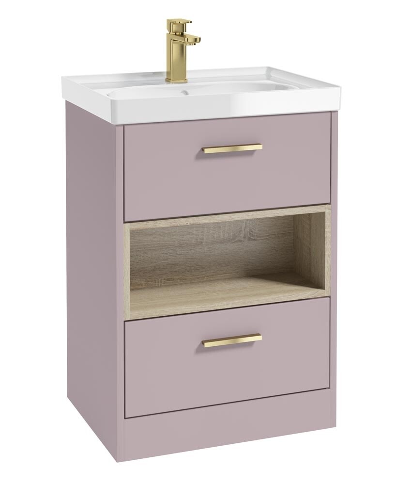 SONAS MALMO 60cm Two Drawer Matt Cashmere Pink Floor Standing Vanity Unit Gloss Basin - Brushed Gold Handle