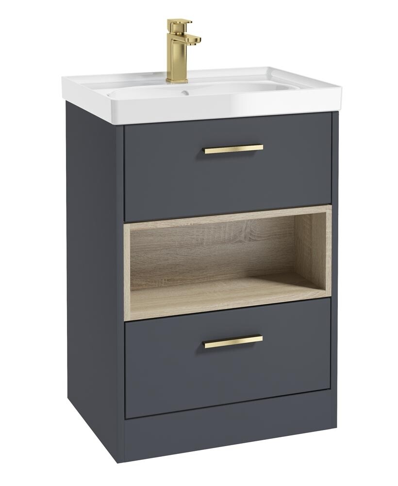 SONAS MALMO 60cm Two Drawer Matt Night Sky Blue Floor Standing Vanity Unit Gloss Basin- Brushed Gold Handle