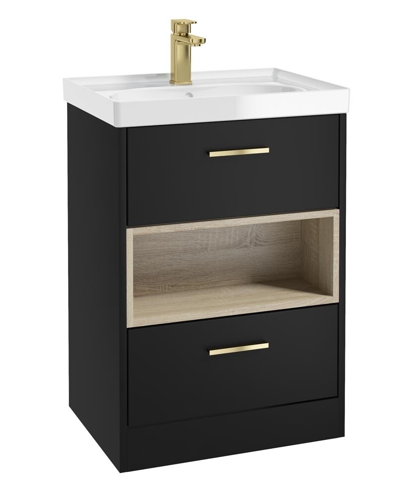 SONAS MALMO 60cm Two Drawer Matt Black Floor Standing Vanity Unit Gloss Basin- Brushed Gold Handle