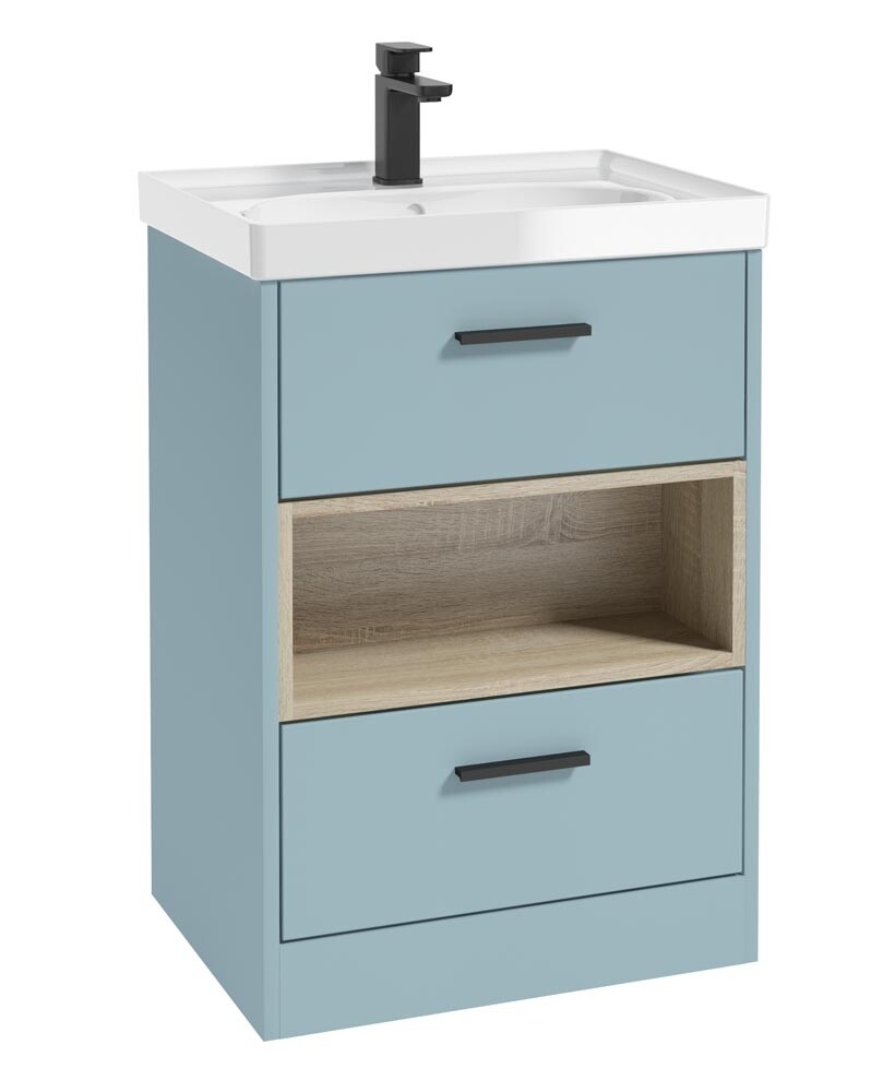 SONAS MALMO 60cm Two Drawer Matt Morning Sky Blue Floor Standing Vanity Unit Gloss Basin- Matt Black Handle