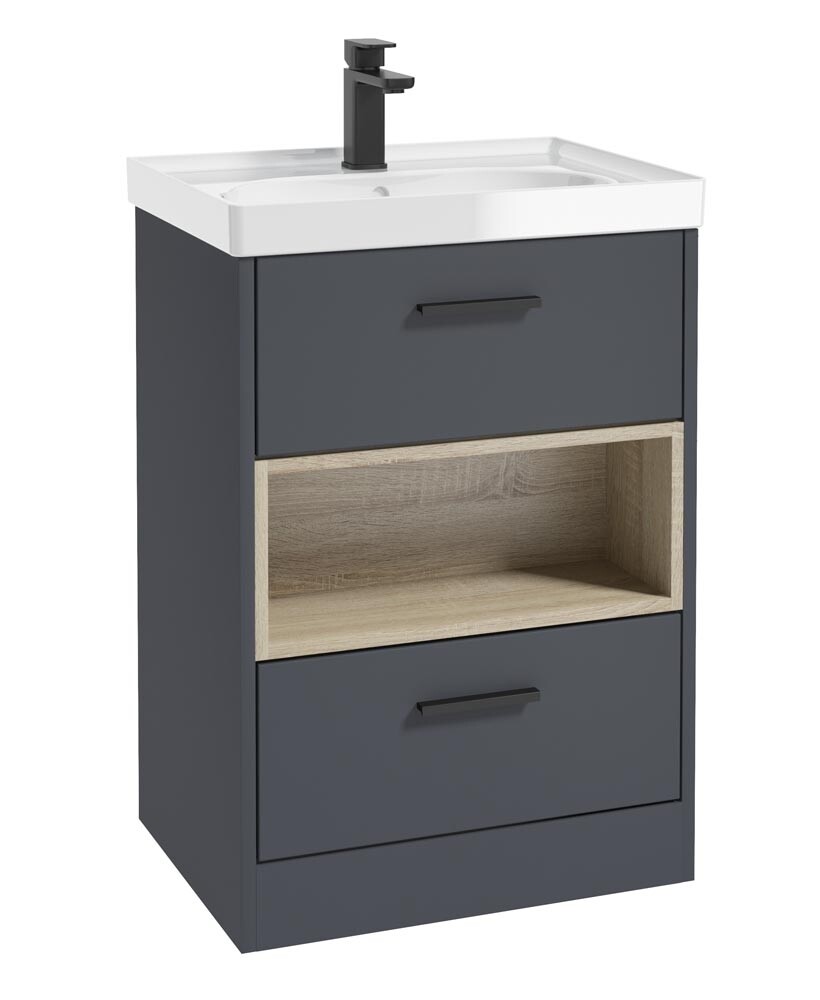 SONAS MALMO 60cm Two Drawer Matt Night Sky Blue Floor Standing Vanity Unit Gloss Basin- Matt Black Handle