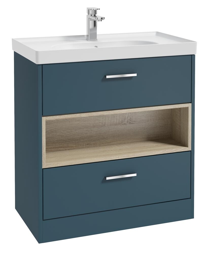 SONAS MALMO 80cm Two Drawer Matt Ocean Blue Floor Standing Vanity Unit Matt Basin - Brushed Chrome Handle