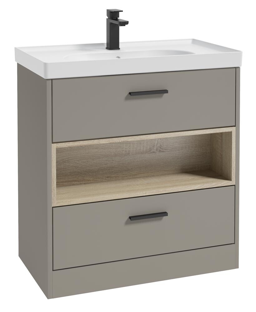 SONAS MALMO 80cm Two Drawer Matt Khaki Floor Standing Vanity Unit Matt Basin - Matt Black Handle
