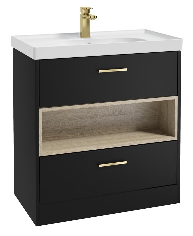 SONAS MALMO 80cm Two Drawer Matt Black Floor Standing Vanity Unit Matt Basin - Brushed Gold Handle