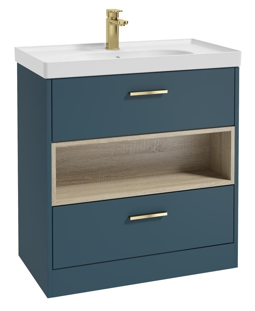 SONAS MALMO 80cm Two Drawer Matt Ocean Blue Floor Standing Vanity Unit Matt Basin - Brushed Gold Handle