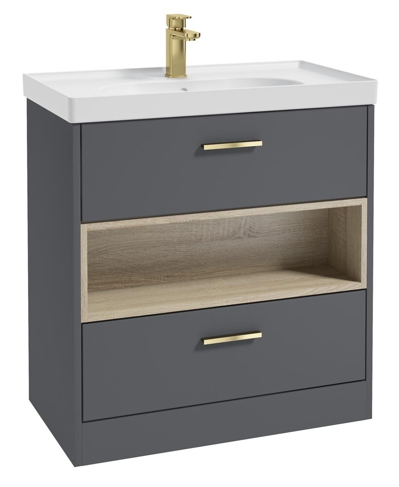 SONAS MALMO 80cm Two Drawer Matt Midnight Grey Floor Standing Vanity Unit Matt Basin - Brushed Gold Handle