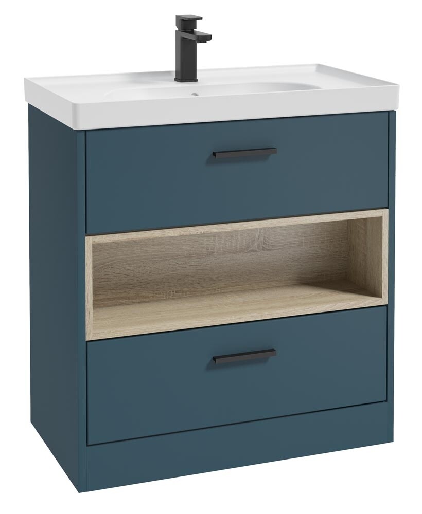 SONAS MALMO 80cm Two Drawer Matt Ocean Blue Floor Standing Vanity Unit Matt Basin - Matt Black Handle