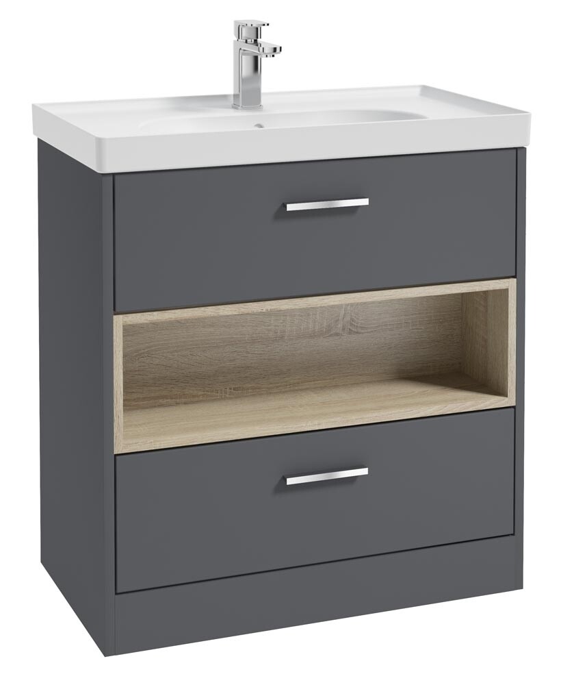 SONAS MALMO 80cm Two Drawer Matt Midnight Grey Floor Standing Vanity Unit Matt Basin - Brushed Chrome Handle