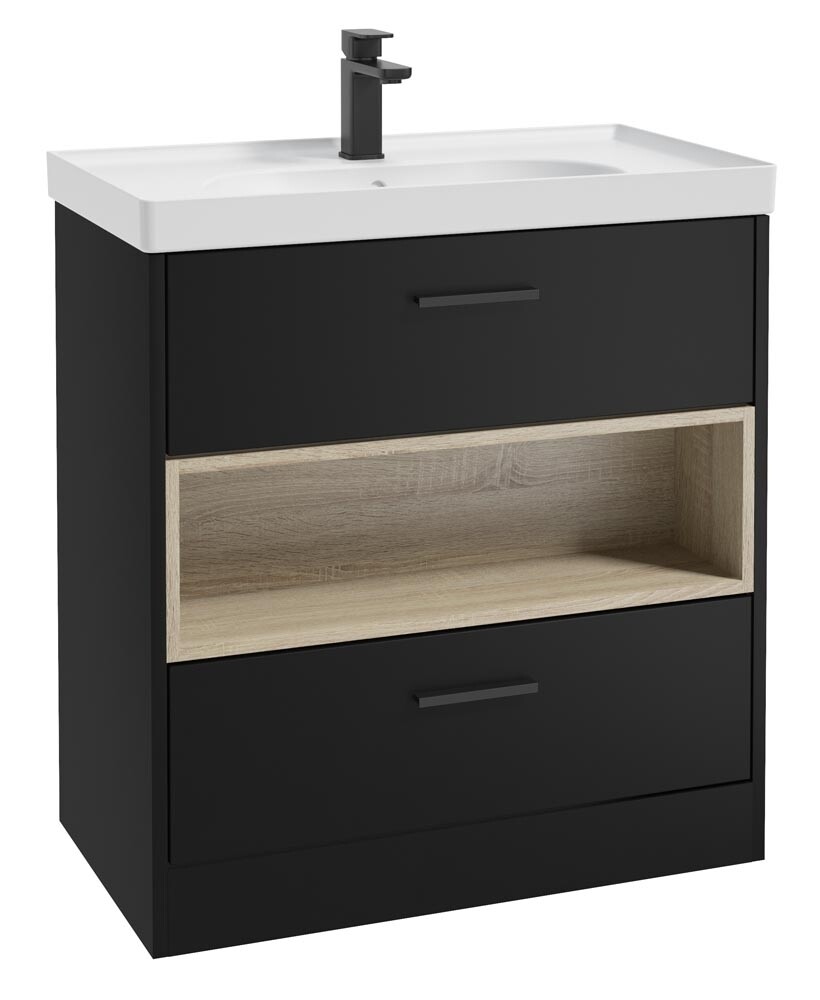 SONAS MALMO 80cm Two Drawer Matt Black Floor Standing Vanity Unit Matt Basin - Matt Black Handle