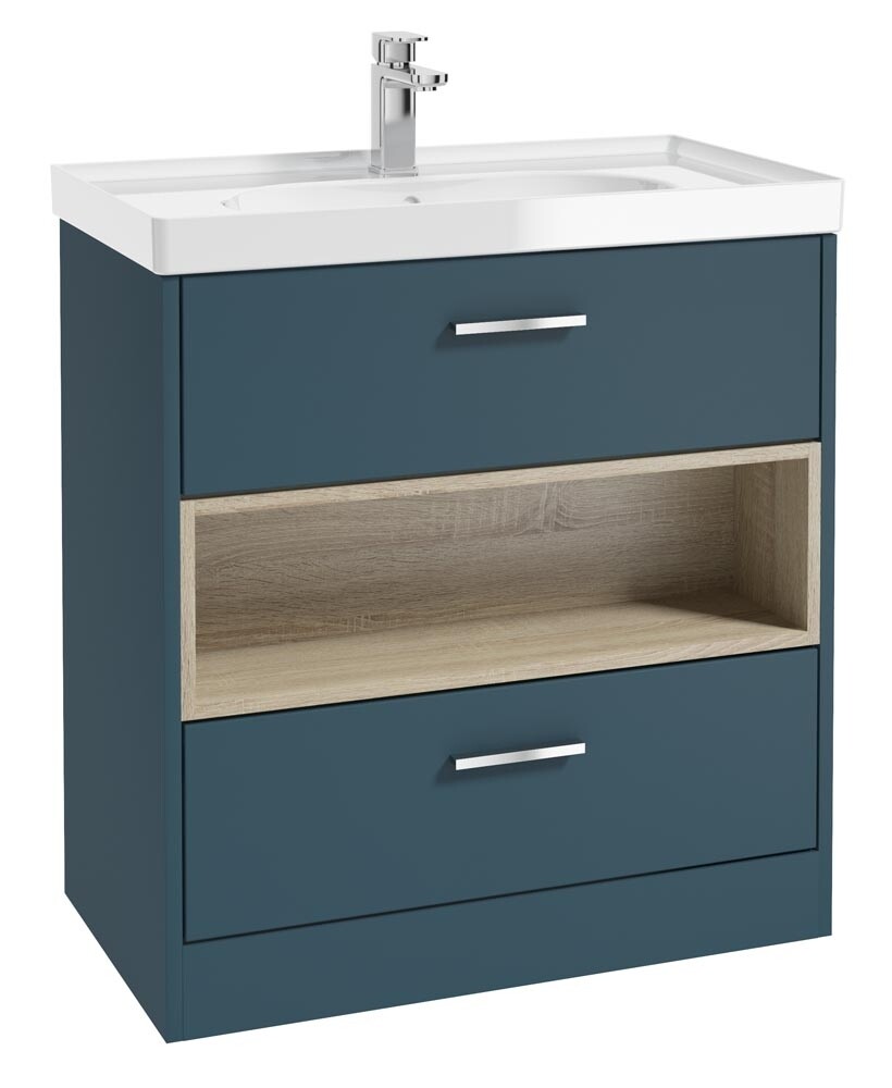 SONAS MALMO 80cm Two Drawer Matt Ocean Blue Floor Standing Vanity Unit Gloss Basin - Brushed Chrome Handle