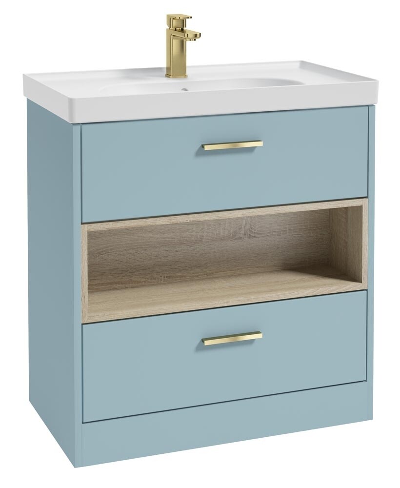 SONAS MALMO 80cm Two Drawer Matt Morning Sky Blue Floor Standing Vanity Unit Matt Basin- Brushed Gold Handle