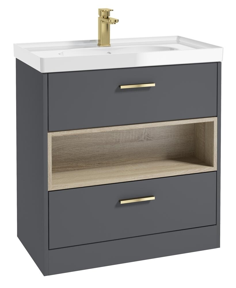 SONAS MALMO 80cm Two Drawer Matt Midnight Grey Floor Standing Vanity Unit Gloss Basin - Brushed Gold Handle