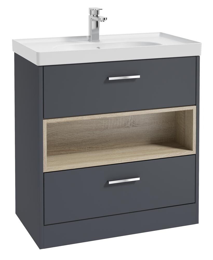 SONAS MALMO 80cm Two Drawer Matt Night Sky Blue Floor Standing Vanity Unit Matt Basin - Brushed Chrome Handle