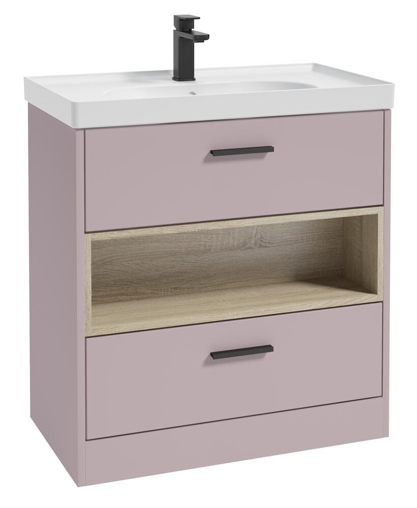 SONAS MALMO 80cm Two Drawer Matt Cashmere Pink Floor Standing Vanity Unit Matt Basin - Matt Black Handle