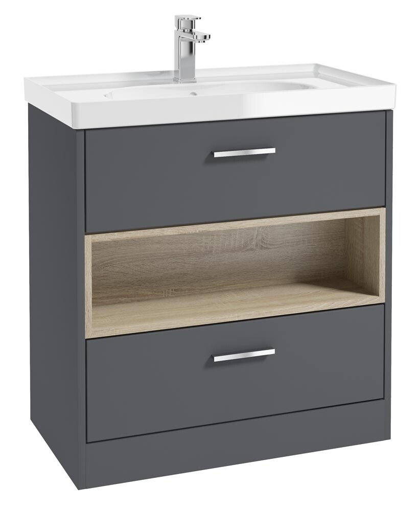 SONAS MALMO 80cm Two Drawer Matt Midnight Grey Floor Standing Vanity Unit Gloss Basin - Brushed Chrome Handle