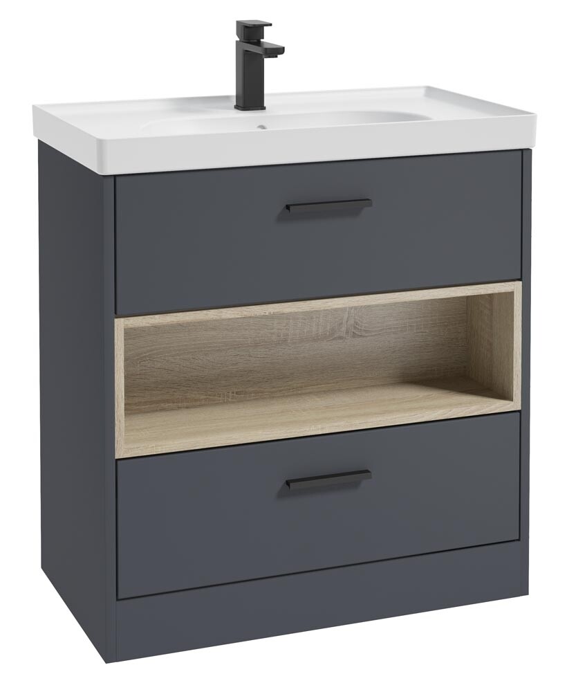 SONAS MALMO 80cm Two Drawer Matt Night Sky Blue Floor Standing Vanity Unit Matt Basin - Matt Black Handle