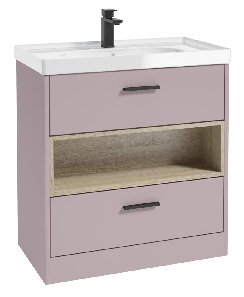 SONAS MALMO 80cm Two Drawer Matt Cashmere Pink Floor Standing Vanity Unit Gloss Basin - Matt Black Handle