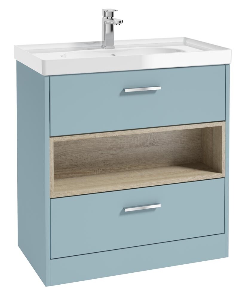 SONAS MALMO 80cm Two Drawer Matt Morning Sky Blue Floor Standing Vanity Unit Gloss Basin - Brushed Chrome Handle