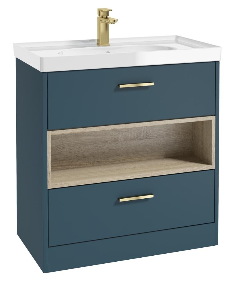 SONAS MALMO 80cm Two Drawer Matt Ocean Blue Floor Standing Vanity Unit Gloss Basin - Brushed Gold Handle