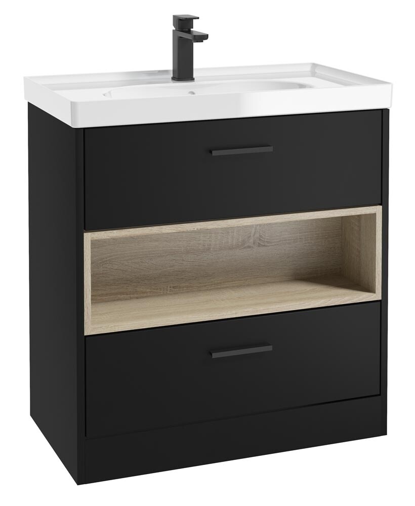 SONAS MALMO 80cm Two Drawer Matt Black Floor Standing Vanity Unit Gloss Basin - Matt Black Handle