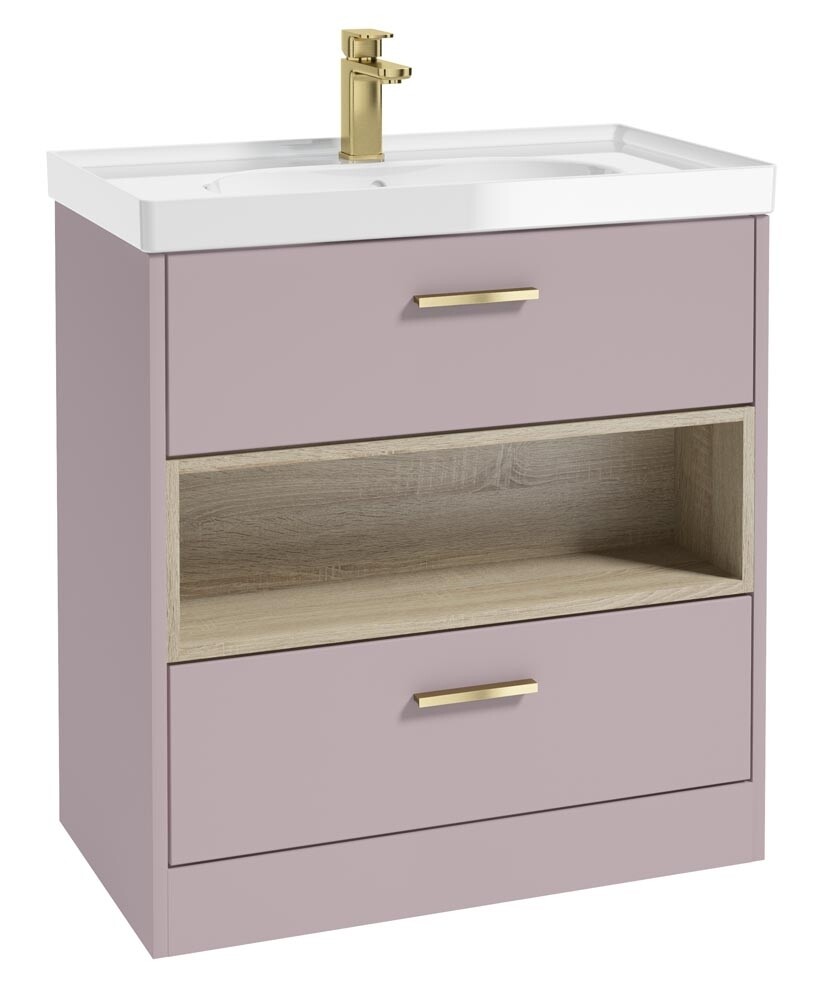 SONAS MALMO 80cm Two Drawer Matt Cashmere Pink Floor Standing Vanity Unit Gloss Basin - Brushed Gold Handle