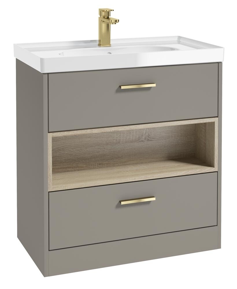 SONAS MALMO 80cm Two Drawer Matt Khaki Floor Standing Vanity Unit Gloss Basin - Brushed Gold Handle