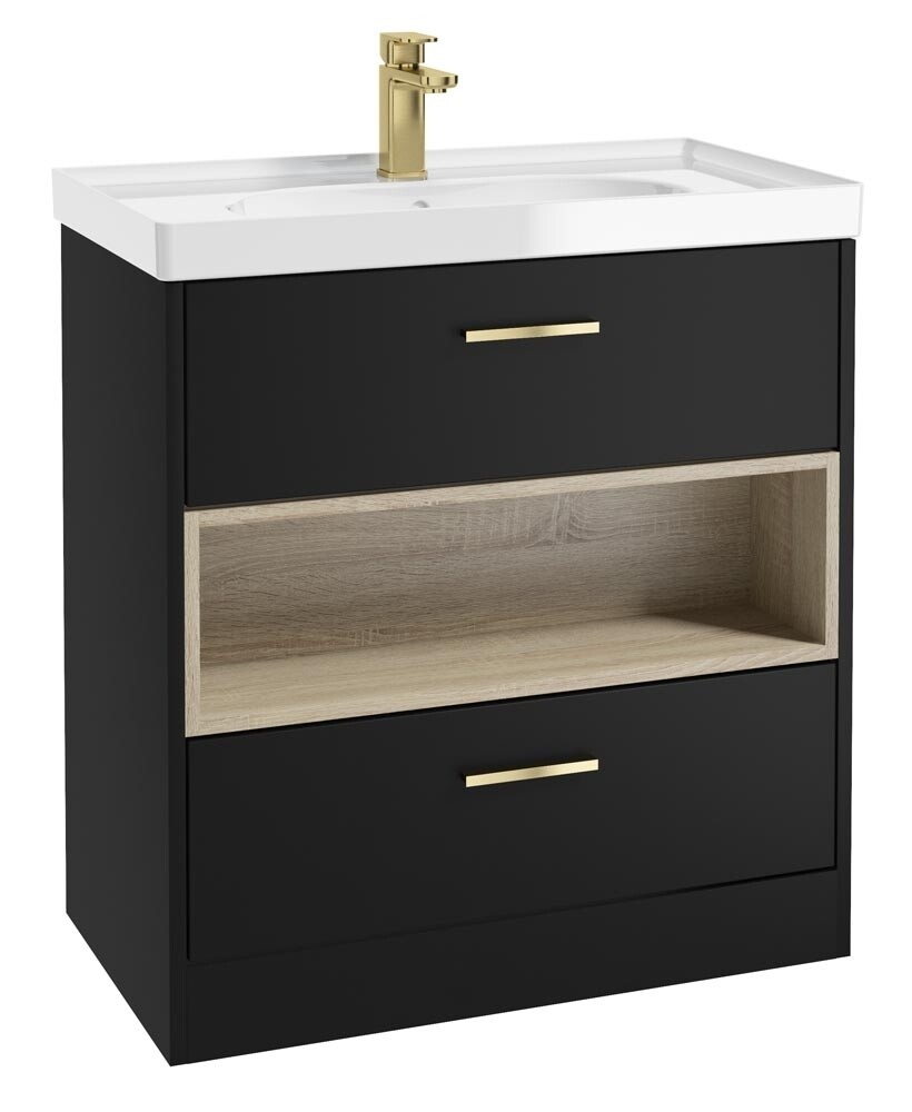 SONAS MALMO 80cm Two Drawer Matt Black Floor Standing Vanity Unit Gloss Basin - Brushed Gold Handle