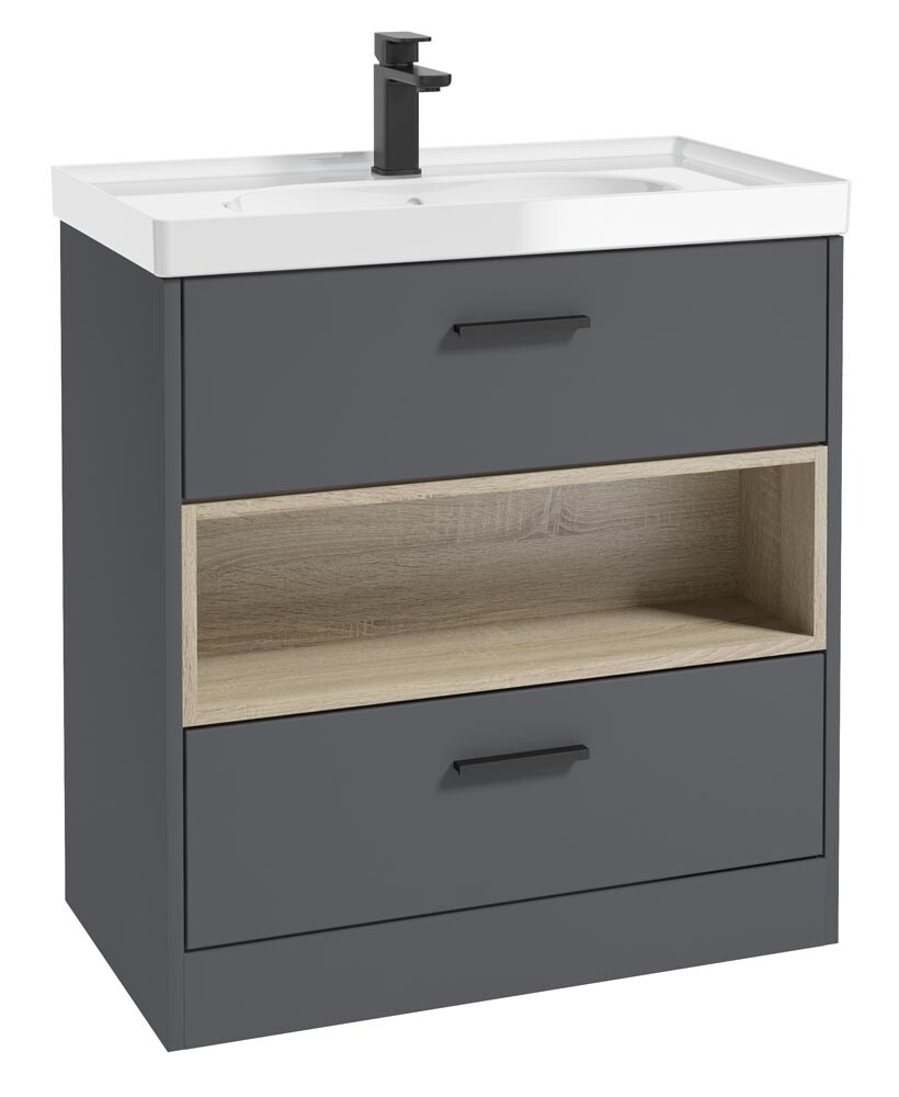 SONAS MALMO 80cm Two Drawer Matt Midnight Grey Floor Standing Vanity Unit Gloss Basin - Matt Black Handle