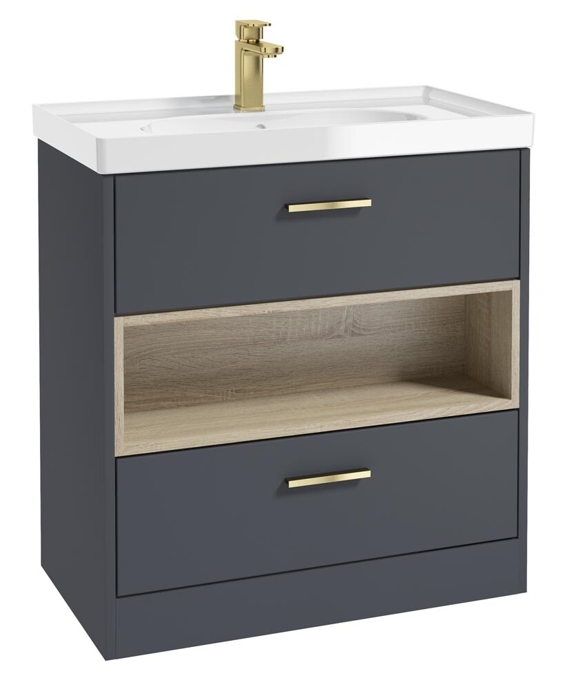 SONAS MALMO 80cm Two Drawer Matt Night Sky Blue Floor Standing Vanity Unit Gloss Basin - Brushed Gold Handle