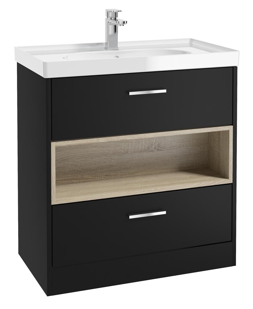 SONAS MALMO 80cm Two Drawer Matt Black Floor Standing Vanity Unit Gloss Basin - Brushed Chrome Handle