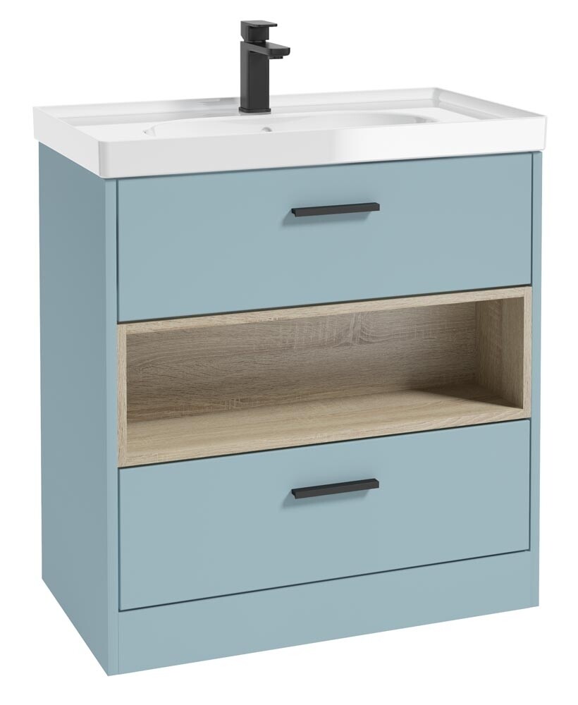SONAS MALMO 80cm Two Drawer Matt Morning Sky Blue Floor Standing Vanity Unit Gloss Basin- Matt Black Handle