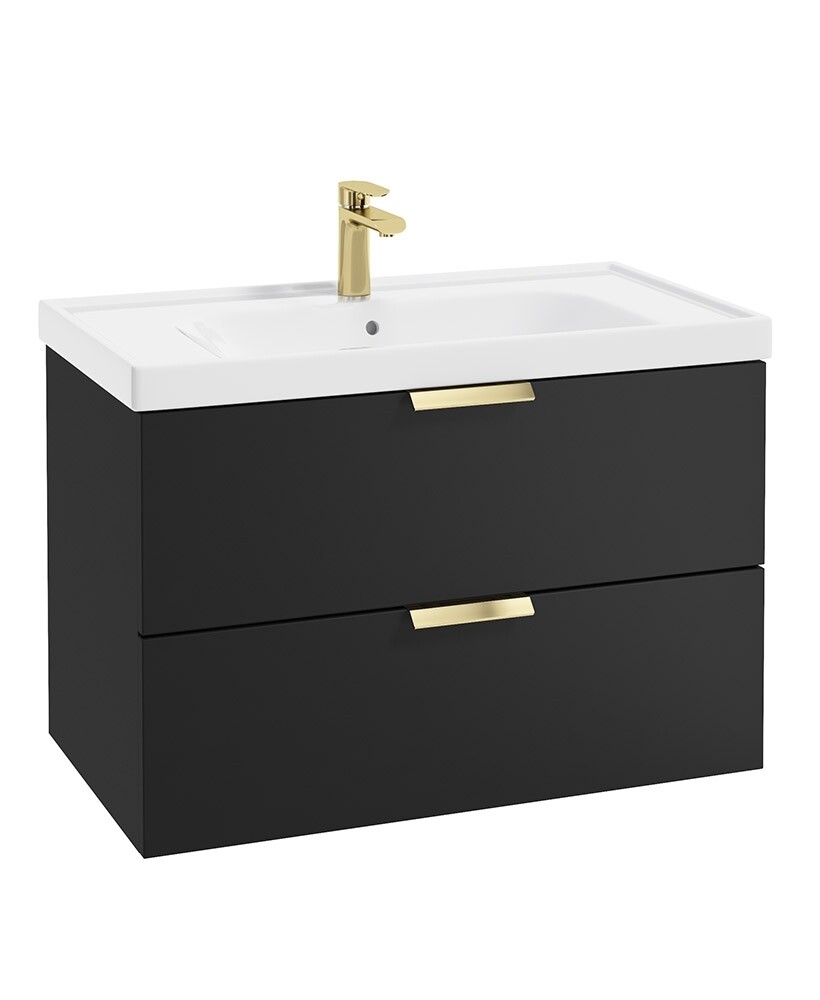 SONAS STOCKHOLM 80cm Two Drawer Wall Hung Matt Black Vanity Unit - Brushed Gold Handles