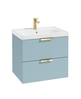 SONAS STOCKHOLM 60cm Two Drawer Wall Hung Matt Morning Sky Blue Vanity Unit - Brushed Gold Handles