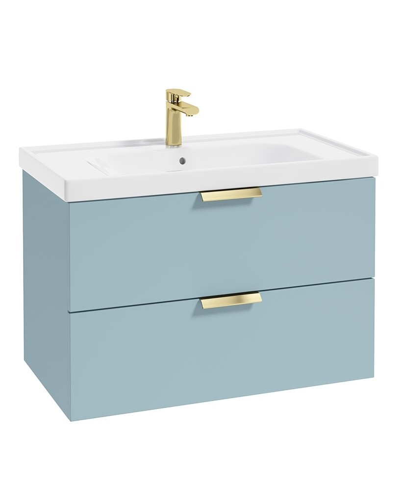 SONAS STOCKHOLM 80cm Two Drawer Wall Hung Morning Sky Blue Vanity Unit - Brushed Gold Handles