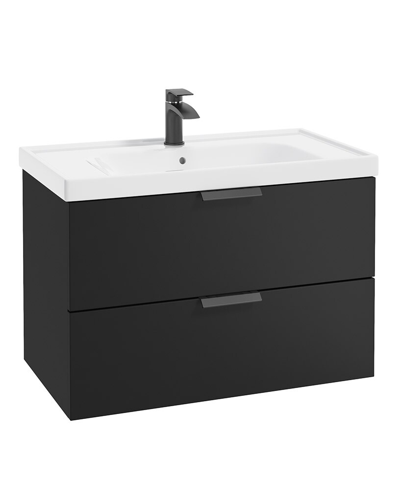 SONAS STOCKHOLM 80cm Two Drawer Wall Hung Matt Black Vanity Unit - Matt Black Handles