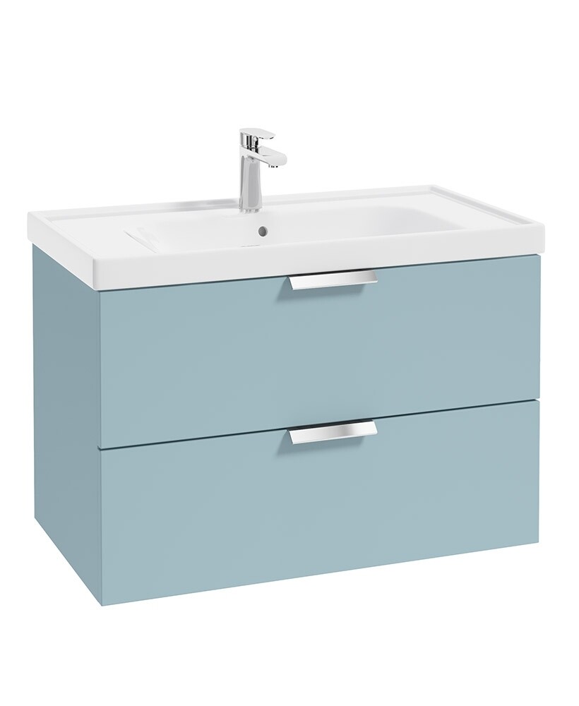 SONAS STOCKHOLM 80cm Two Drawer Wall Hung Matt Morning Sky Blue Vanity Unit - Brushed Chrome Handles