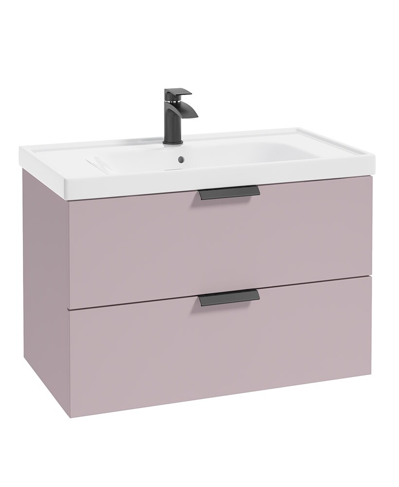 SONAS STOCKHOLM 80cm Two Drawer Wall Hung Matt Cashmere Pink Vanity Unit - Matt Black Handles