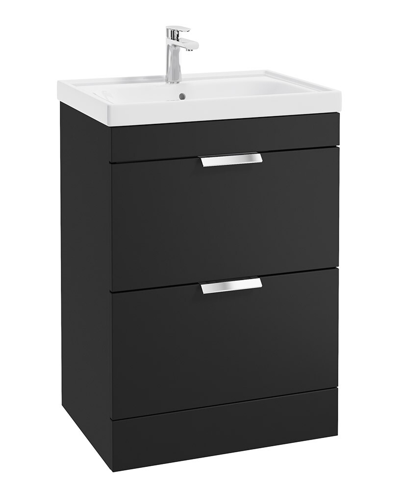 SONAS STOCKHOLM 60cm Two Drawer Floor Standing Matt Black Vanity Unit - Brushed Chrome Handles