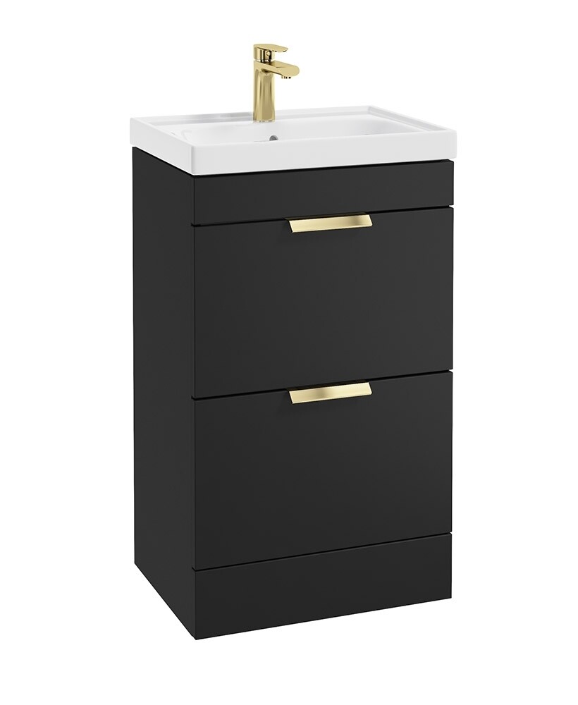 SONAS STOCKHOLM 50cm Two Drawer Floor Standing Matt Black Vanity Unit - Brushed Gold Handles